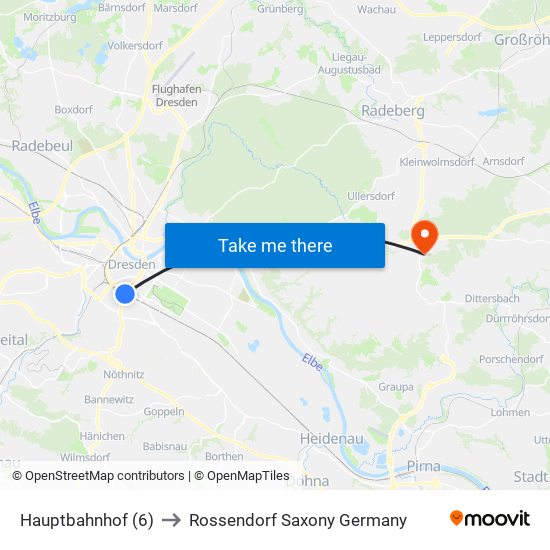 Hauptbahnhof (6) to Rossendorf Saxony Germany map