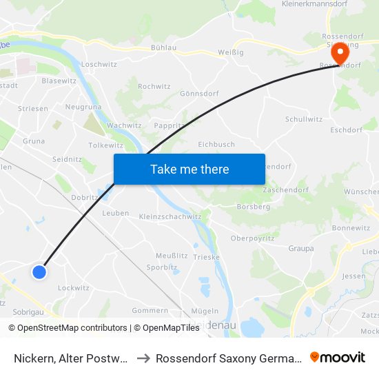 Nickern, Alter Postweg to Rossendorf Saxony Germany map