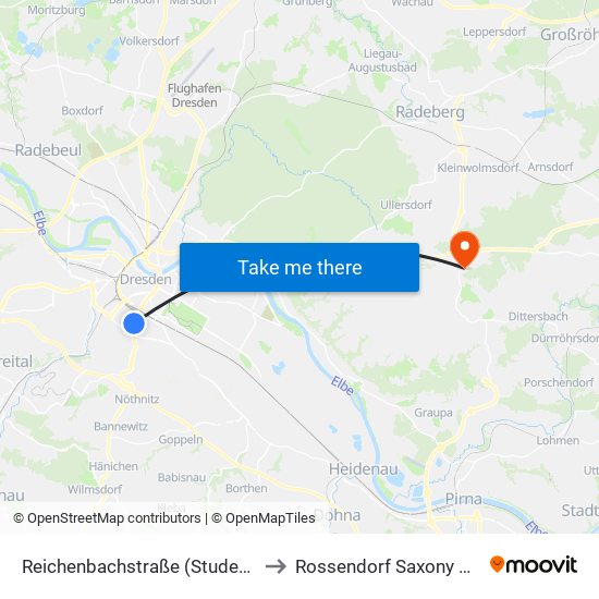 Reichenbachstraße (Studentenwerk) to Rossendorf Saxony Germany map
