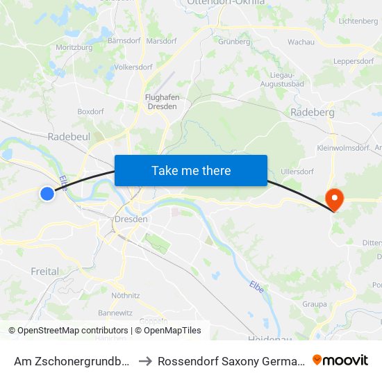 Am Zschonergrundbad to Rossendorf Saxony Germany map