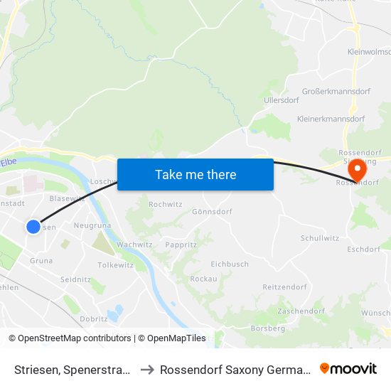 Striesen, Spenerstraße to Rossendorf Saxony Germany map