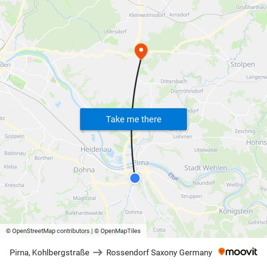 Pirna, Kohlbergstraße to Rossendorf Saxony Germany map