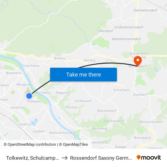 Tolkewitz, Schulcampus to Rossendorf Saxony Germany map