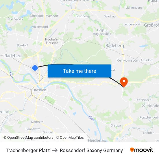 Trachenberger Platz to Rossendorf Saxony Germany map