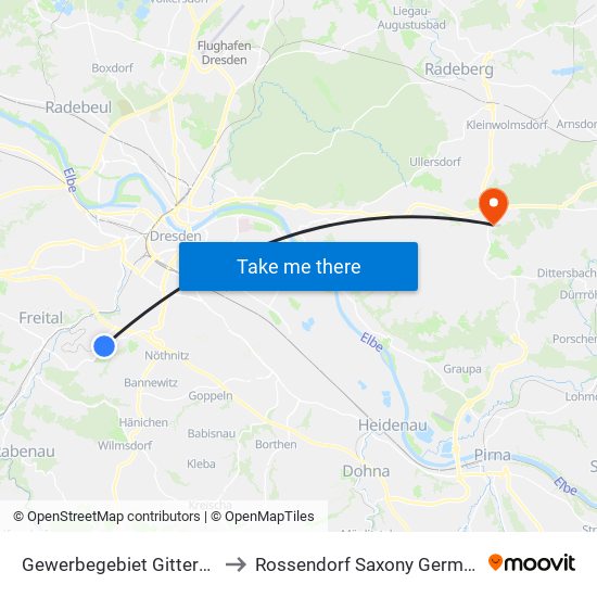 Gewerbegebiet Gittersee to Rossendorf Saxony Germany map