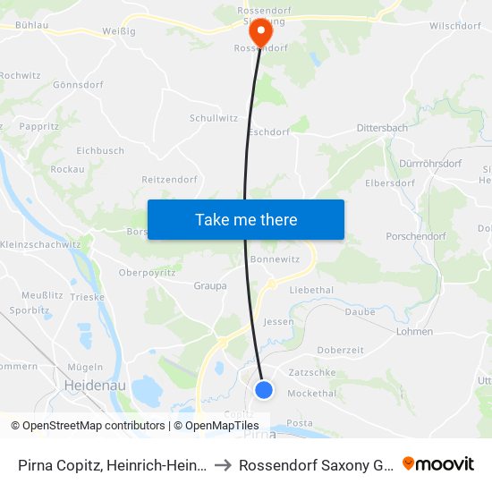 Pirna Copitz, Heinrich-Heine-Straße to Rossendorf Saxony Germany map
