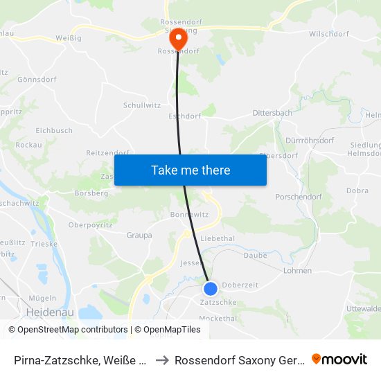 Pirna-Zatzschke, Weiße Taube to Rossendorf Saxony Germany map