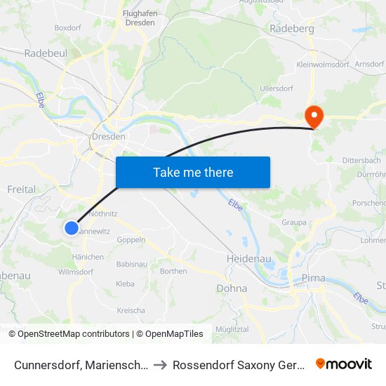 Cunnersdorf, Marienschacht to Rossendorf Saxony Germany map