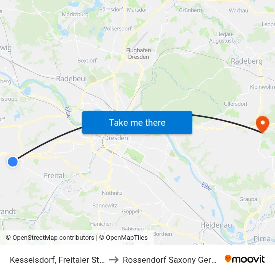 Kesselsdorf, Freitaler Straße to Rossendorf Saxony Germany map