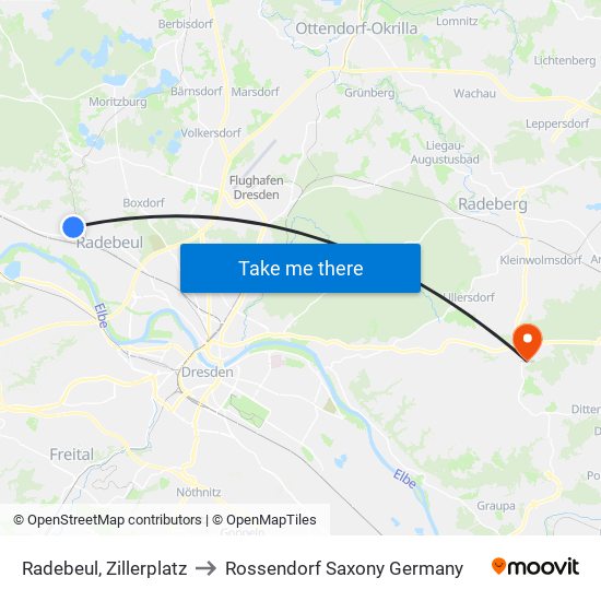Radebeul, Zillerplatz to Rossendorf Saxony Germany map