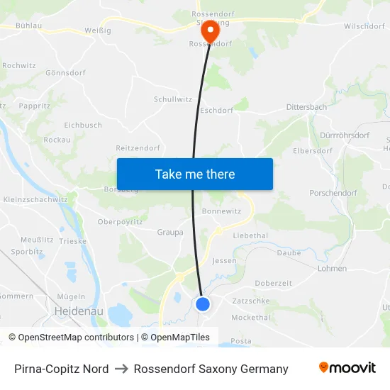 Pirna-Copitz Nord to Rossendorf Saxony Germany map