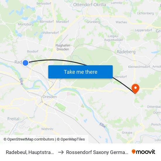 Radebeul, Hauptstraße to Rossendorf Saxony Germany map
