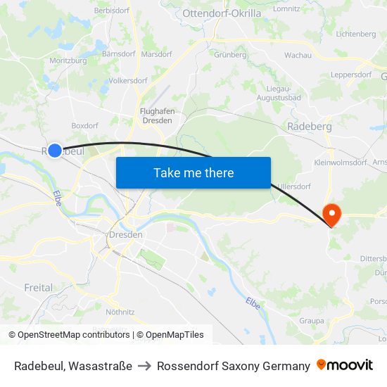Radebeul, Wasastraße to Rossendorf Saxony Germany map