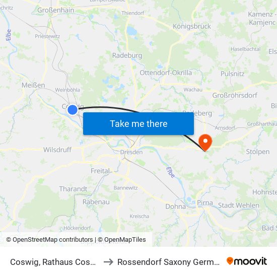 Coswig, Rathaus Coswig to Rossendorf Saxony Germany map