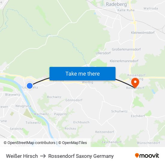 Weißer Hirsch to Rossendorf Saxony Germany map