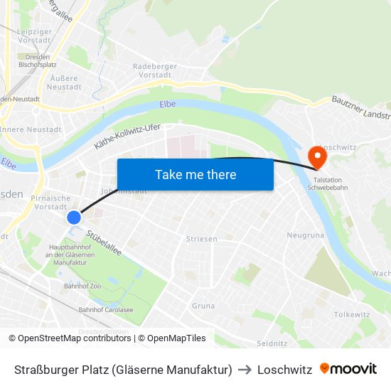 Straßburger Platz (Gläserne Manufaktur) to Loschwitz map