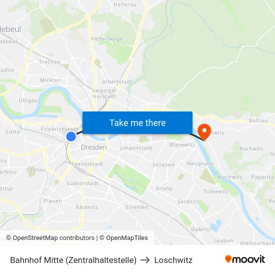 Bahnhof Mitte (Zentralhaltestelle) to Loschwitz map