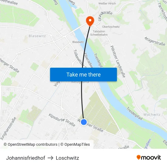 Johannisfriedhof to Loschwitz map
