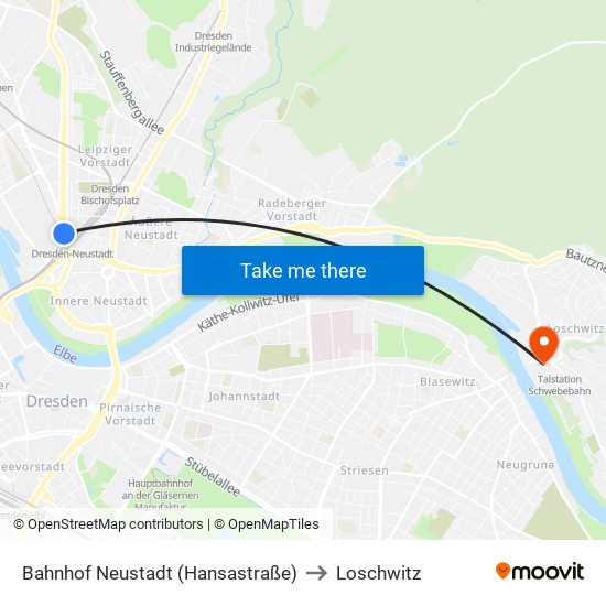 Bahnhof Neustadt (Hansastraße) to Loschwitz map