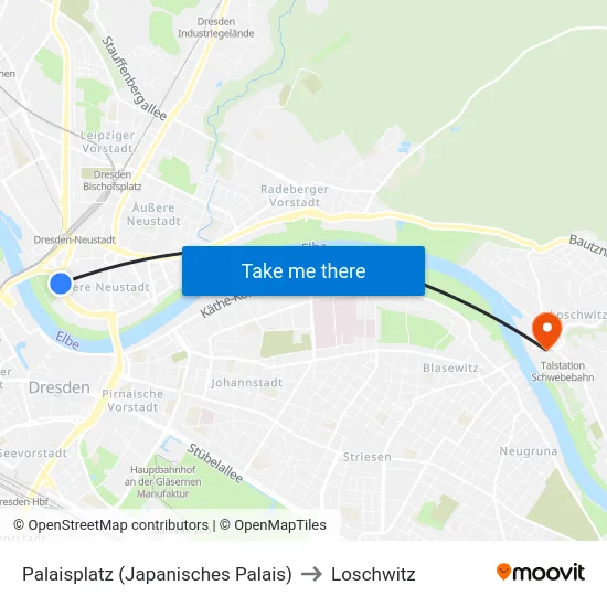 Palaisplatz (Japanisches Palais) to Loschwitz map