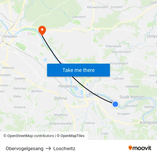 Obervogelgesang to Loschwitz map