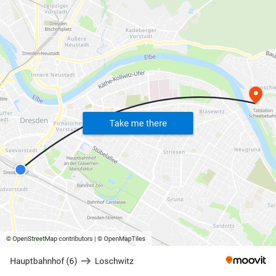 Hauptbahnhof (6) to Loschwitz map