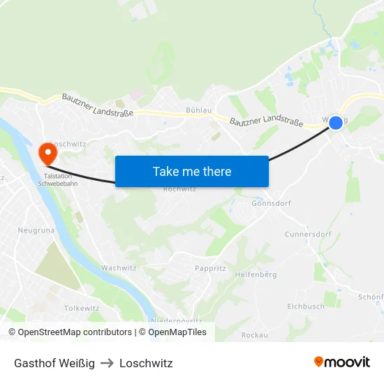 Gasthof Weißig to Loschwitz map