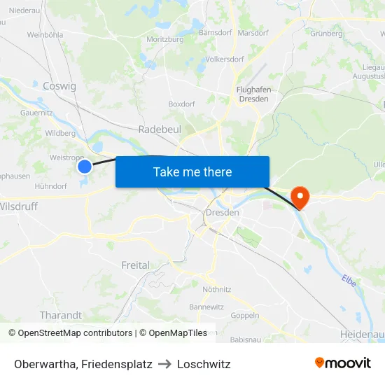 Oberwartha, Friedensplatz to Loschwitz map