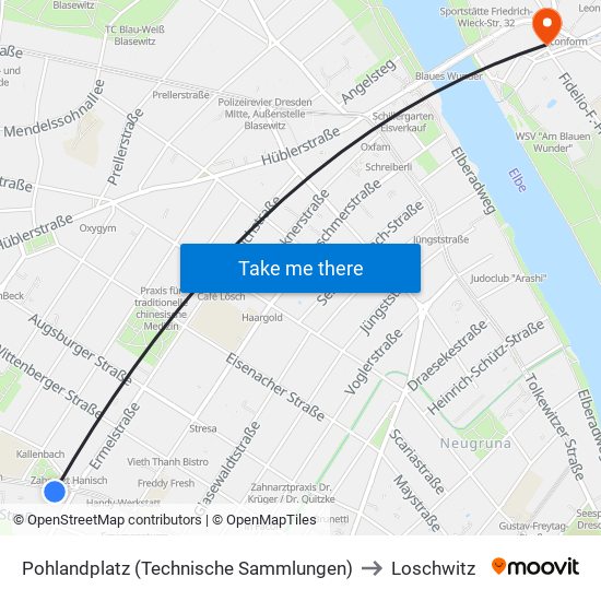 Pohlandplatz (Technische Sammlungen) to Loschwitz map