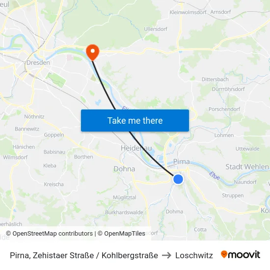 Pirna, Zehistaer Straße / Kohlbergstraße to Loschwitz map