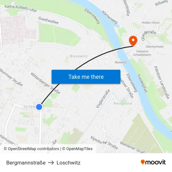 Bergmannstraße to Loschwitz map