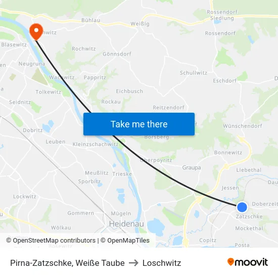 Pirna-Zatzschke, Weiße Taube to Loschwitz map