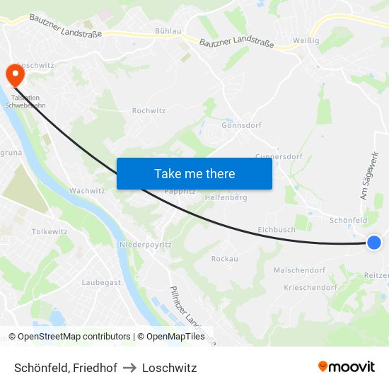 Schönfeld, Friedhof to Loschwitz map