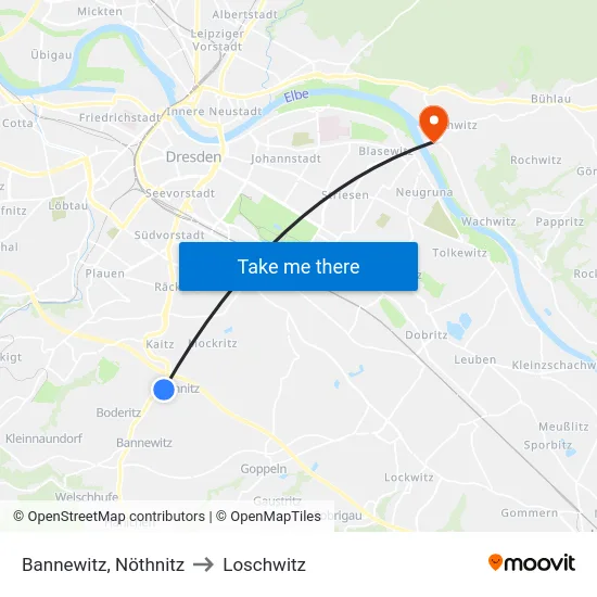 Bannewitz, Nöthnitz to Loschwitz map