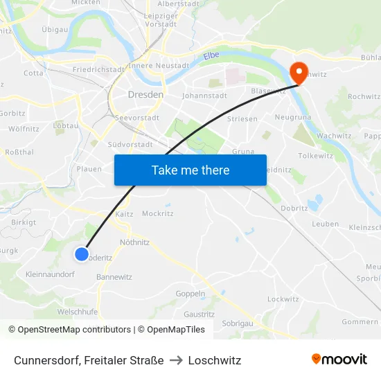 Cunnersdorf, Freitaler Straße to Loschwitz map