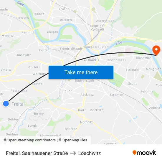 Freital, Saalhausener Straße to Loschwitz map