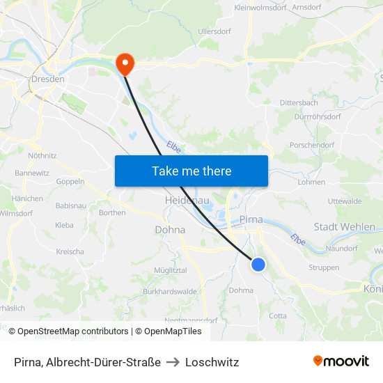 Pirna, Albrecht-Dürer-Straße to Loschwitz map