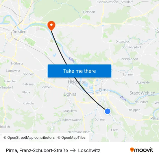 Pirna, Franz-Schubert-Straße to Loschwitz map