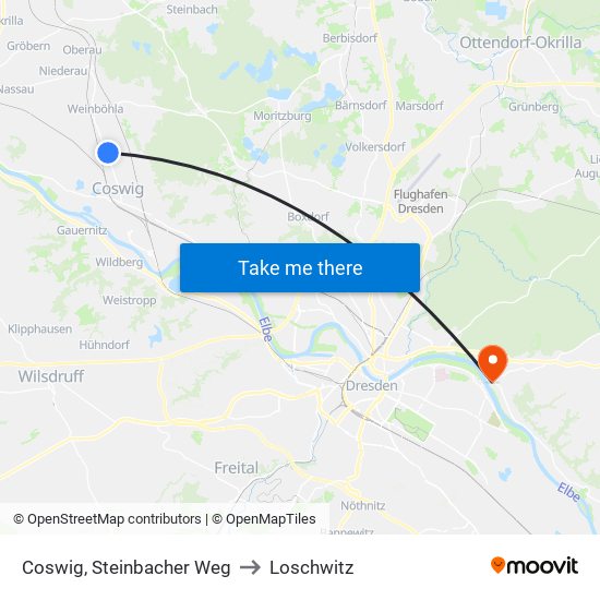 Coswig, Steinbacher Weg to Loschwitz map