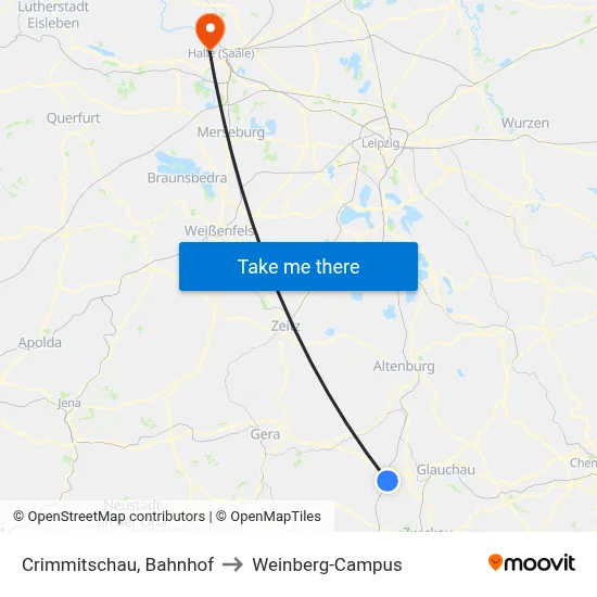 Crimmitschau, Bahnhof to Weinberg-Campus map