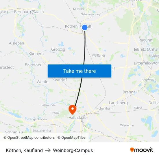 Köthen, Kaufland to Weinberg-Campus map
