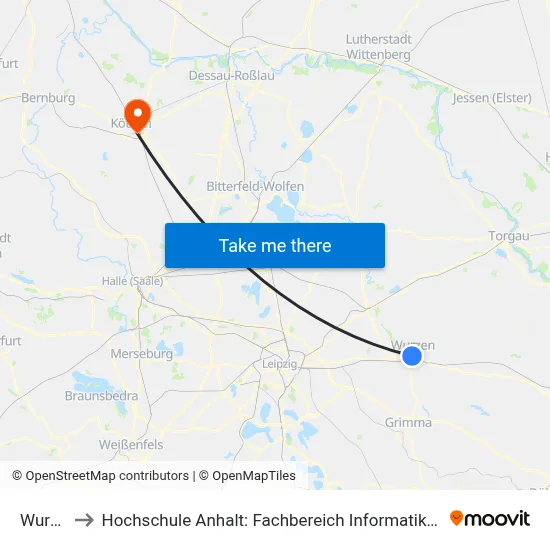 Wurzen to Hochschule Anhalt: Fachbereich Informatik & Sprachen map