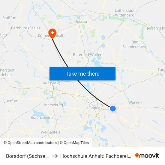 Borsdorf (Sachsen), Leipziger Str. to Hochschule Anhalt: Fachbereich Informatik & Sprachen map