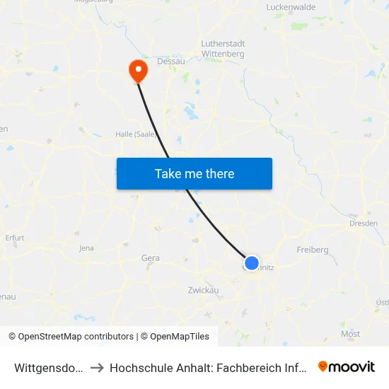 Wittgensdorf, Mitte to Hochschule Anhalt: Fachbereich Informatik & Sprachen map