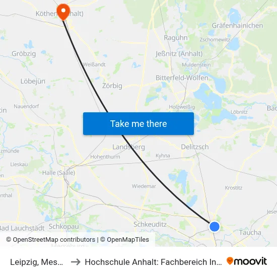 Leipzig, Messegelände to Hochschule Anhalt: Fachbereich Informatik & Sprachen map