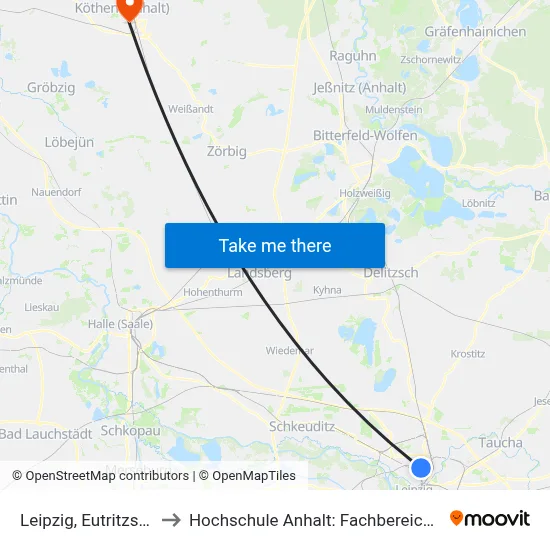 Leipzig, Eutritzscher Zentrum to Hochschule Anhalt: Fachbereich Informatik & Sprachen map