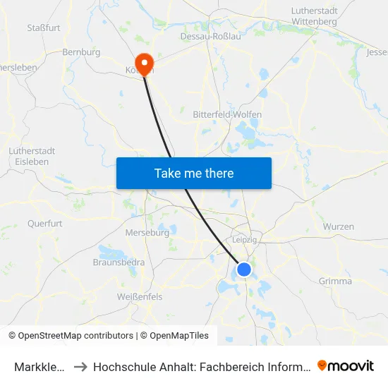 Markkleeberg to Hochschule Anhalt: Fachbereich Informatik & Sprachen map