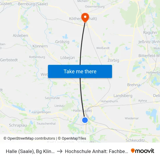 Halle (Saale), Bg Klinikum Bergmannstrost to Hochschule Anhalt: Fachbereich Informatik & Sprachen map