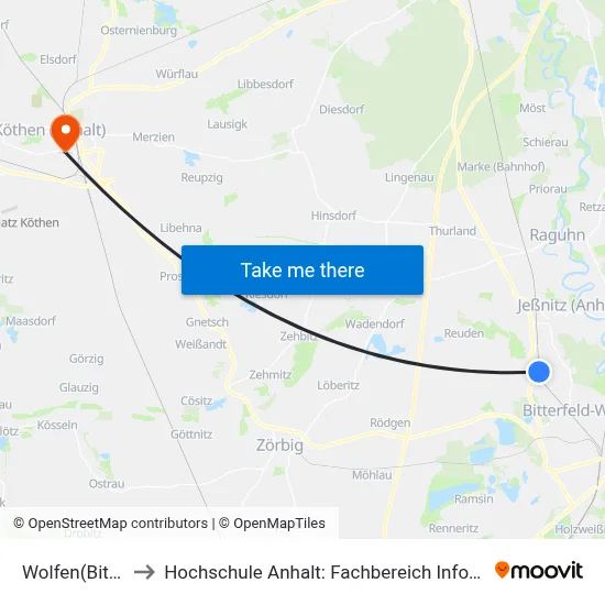 Wolfen (Bitterfeld) to Hochschule Anhalt: Fachbereich Informatik & Sprachen map
