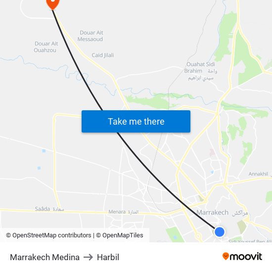 Marrakech Medina to Harbil map